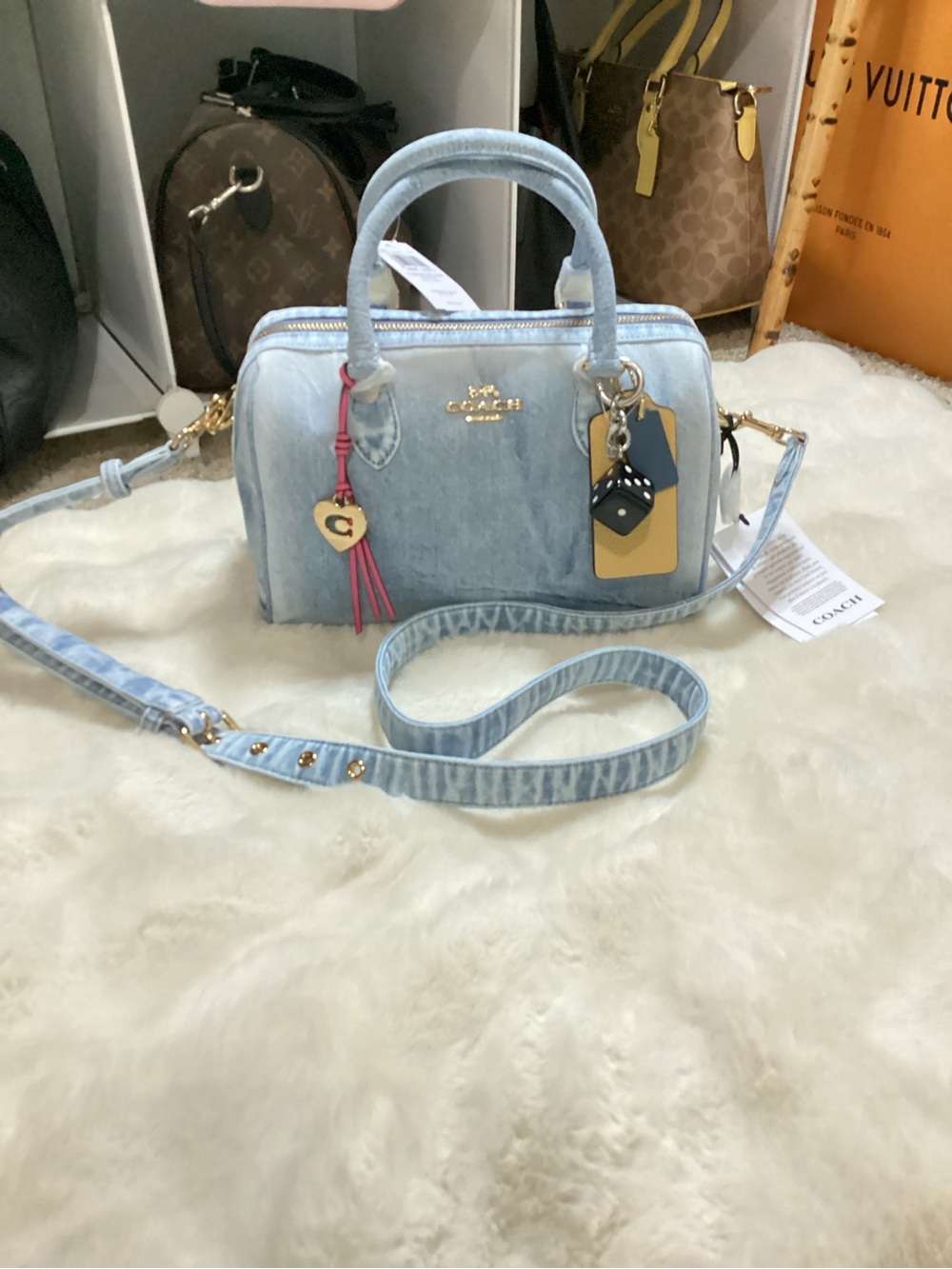 Coach Light Blue Denim Rowan Satchel with Pink Tassel Charms
